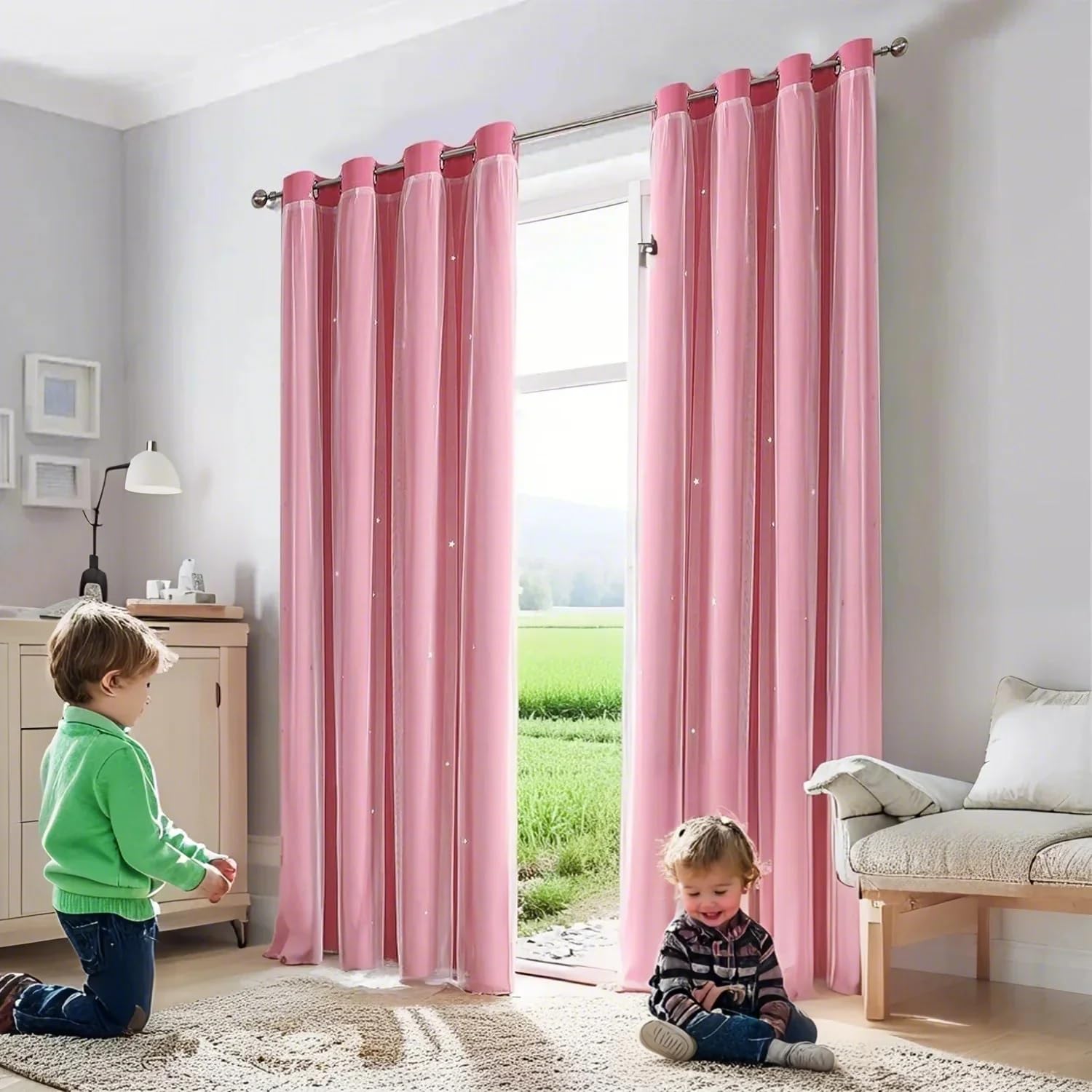 ABREEZE Princess Pink Curtain Hollow-Out Stars Dual Layer Grommet